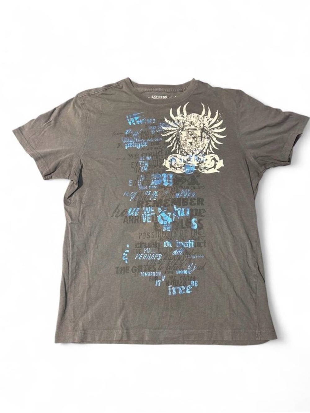 Express Men's Gray Tee with Cream Sun Crest and Blue Text